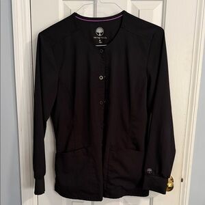 healing hands Women's Black Button Jacket with Subtle Purple Trim Scrub Jacket